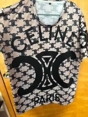 Celine Beige Tee with Black Logo Monogram